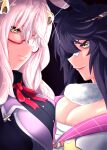  2girls absurdres ahoge animal_ears asymmetrical_docking bandaid bandaid_on_face biwa_hayahide_(umamusume) black_hair blunt_bangs breast_press breasts buttons ear_ornament glasses gold grey_hair hair_ornament hairclip highres horse_ears horse_girl jacket kouma_(kumkouma) lips long_hair multiple_girls narita_brian_(umamusume) neck_ribbon open_mouth ponytail puffy_sleeves red-framed_eyewear red_ribbon ribbon semi-rimless_eyewear siblings sidelocks sisters smile spade_hair_ornament teeth umamusume under-rim_eyewear upper_body upper_teeth_only very_long_hair 