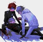  3boys ahoge aotsuki_eito armband black_cape black_gloves black_pants black_streaks blood blood_from_mouth blood_on_clothes blood_on_face blue_eyes cape dual_persona gakuran gloves gouged_eye grey_hair highres holding_eyeball hole_in_chest hole_on_body hood jacket last_defense_academy_school_uniform lying male_focus mint1618680 multicolored_hair multiple_boys on_back pants red_hair school_uniform short_hair spoilers streaked_hair sumino_takumi sweatdrop the_hundred_line_-last_defense_academy- white_armband white_gloves white_jacket white_pants wide-eyed 