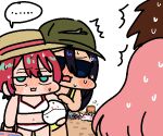  ... 1boy 3girls amate_yuzuriha bikini blush brown_hair brown_hat chibi green_eyes green_hat gundam gundam_gquuuuuux gundam_seed haro hat in-franchise_crossover jazz_jack kira_yamato lacus_clyne multiple_girls nyaan_(gundam_gquuuuuux) pink_hair red_hair simple_background spoken_ellipsis straw_hat swimsuit white_background white_bikini 