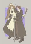  1boy 1girl apron black_bow black_bowtie black_coat black_dress black_necktie black_pants black_shoes black_vest blue_eyes border bow bowtie brown_eyes brown_hair coat collared_shirt dress full_body glasses gregor_(project_moon) grey_border heart juliet_sleeves limbus_company long_hair long_sleeves looking_at_another low_ponytail maid_apron maid_headdress necktie ntcke pants ponytail project_moon puffy_sleeves purple_background rodion_(project_moon) shirt shoes simple_background standing vest white_apron white_shirt wuthering_heights_(identity)_(project_moon) 