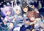  4girls :d absurdres animal_ears aqua_eyes arm_up black_hair blue_shorts braid brown_eyes brown_hair cat_ears cat_tail clenched_hand crowd dog_ears dog_girl dog_tail double-parted_bangs fang fox_ears fox_girl highres hololive hololive_gamers hololive_idol_uniform_(bright) idol_clothes inugami_korone looking_at_viewer medium_hair multicolored_hair multiple_girls nekomata_okayu official_alternate_costume official_art one_eye_closed ookami_mio outstretched_arm outstretched_hand purple_eyes purple_hair shirakami_fubuki shorts sidelocks skin_fang smile stage_lights streaked_hair tail torakichi_888 v white_hair white_overskirt wolf_ears wolf_girl wrist_cuffs 