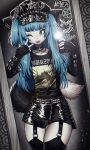  1boy ;p absurdres animal_ears artist_name band_shirt black_gloves black_hat black_shirt black_skirt black_thighhighs blue_eyes blue_hair burzum cellphone ear_piercing elbow_gloves fingerless_gloves fox_boy fox_ears fox_tail furry furry_male gloves goth_fashion hat highres holding holding_phone lifelover_(band) long_hair male_focus mayhem_(band) merchandise mgla_(band) mirror mirror_selfie one_eye_closed original peaked_cap phone piercing reflection reflection_focus selfie shirt shoes skirt skull_and_crossbones slayer_(band) smartphone solo spiked_hat t-shirt tail taking_picture thighhighs tongue tongue_out trap tweenstrip w 