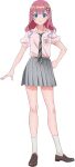  1girl ankle_socks black_necktie blue_eyes bow braid center-flap_bangs closed_mouth collared_shirt diagonal-striped_clothes diagonal-striped_necktie emblem full_body grey_skirt hair_bow hand_on_own_hip loafers long_hair looking_at_viewer miniskirt necktie official_art pink_hair pink_shirt pleated_skirt school_emblem school_uniform shade shirt shoes short_sleeves side_braid simple_background skirt smile socks solo striped_clothes tachi-e transparent_background umezawa_makina watari-kun_no_xx_ga_houkai_sunzen wavy_hair white_socks 