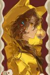  1girl absurdres animal_ears apple apple_slice baicha735 blowing_bubbles brown_hair button_hair_ornament cat_ears cat_hair_ornament chewing_gum eyelashes fish_hair_ornament food from_side fruit hair_ornament highres hood hood_up hooded_jacket jacket long_hair open_mouth original paw_hair_ornament procreate_(medium) red_background solo upper_body yellow_eyes yellow_jacket 