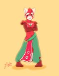  2017 ailurid anthro athletic cheek_tuft clothed clothing crossed_arms dancing digital_media_(artwork) feet fluffy fluffy_tail fur fur_tuft head_tuft jewelry looking_at_viewer male mammal mao_(chirenbo) navel necklace nipples pendant piti_yindee red_panda shoulder_tuft signature simple_background smile solo topless tuft 