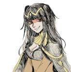  1girl black_capelet black_eyes black_hair bodystocking breasts capelet circlet cleavage commentary english_commentary fire_emblem fire_emblem_awakening highres kuropin long_hair looking_at_viewer medium_breasts navel simple_background smile smug solo tharja_(fire_emblem) upper_body white_background 