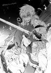  2boys arm_around_shoulder bare_pectorals belt blood blood_on_body blood_on_face clenched_teeth fingerless_gloves fins fish_boy gloves greyscale head_fins highres injury link looking_at_viewer male_focus monochrome multiple_belts multiple_boys nekohanemocha outstretched_arm parted_bangs pectorals ponytail short_ponytail sidon teeth the_legend_of_zelda the_legend_of_zelda:_breath_of_the_wild tunic twitter_username zora 