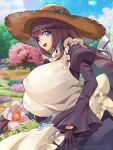  1girl :d apron black_gloves blue_bow blue_eyes blue_flower blush bow breasts brown_hair bush cherry_blossoms collar covered_nipples daphne_(last_origin) detached_collar field flower flower_field garden gigantic_breasts gloves grass hair_between_eyes hair_ornament half_gloves hat hat_bow highres juliet_sleeves last_origin leaf lens_flare light_particles long_hair long_sleeves looking_at_viewer maid maid_apron orange_flower path pink_flower pixiv_id plant puffy_sleeves purple_flower red_flower signature smile solo sparkle straw_hat teeth tongue tree twitter_username umigarasu_(kitsune1963) upper_teeth_only very_long_hair white_collar white_flower x_hair_ornament yellow_flower 