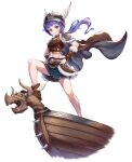  1girl absurdres arm_tattoo armor bare_legs belt blue_skirt boat breasts brown_armor brown_belt brown_cape brown_shoes brown_skirt cape commentary detached_sleeves english_commentary figurehead_(boat) floating_cape floating_hair full_body fur-trimmed_armor fur-trimmed_sleeves fur_trim hands_on_own_hips helmet highres king&#039;s_raid lagna leather leather_armor leather_belt leather_skirt long_hair looking_at_viewer low_ponytail midriff miniskirt miruru_(king&#039;s_raid) official_alternate_costume official_art ponytail purple_hair red_eyes shoes shoulder_armor skirt small_breasts smile solo spiked_helmet tattoo uneven_footing viking watercraft white_fur wind winged_helmet winged_shoes 