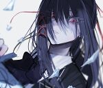  1girl akai_ringo_(eveyuno) black_hair black_shirt hair_ribbon high_ponytail looking_at_viewer original ponytail red_eyes ribbon school_uniform shirt white_background wide-eyed 
