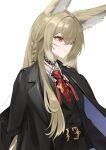  1girl absurdres animal_ears arknights belt belt_buckle black_belt black_coat black_jacket blonde_hair braid buckle buttons closed_mouth coat coat_on_shoulders collared_shirt commentary hair_between_eyes highres jacket lapels light_smile long_hair looking_ahead necktie orange_eyes red_necktie remapack77 scar scar_on_cheek scar_on_face shirt simple_background solo tassel vulpisfoglia_(arknights) white_background white_shirt 