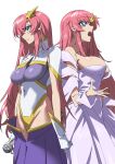  2girls bodysuit breasts commentary_request covered_navel covered_nipples dress gloves gundam gundam_seed gundam_seed_destiny hair_ornament highleg highleg_leotard highres impossible_bodysuit impossible_clothes impossible_dress impossible_leotard lacus_clyne large_breasts leotard long_hair meer_campbell multicolored_leotard multiple_girls open_mouth paintedmike pink_hair purple_leotard skin_tight solo star_(symbol) star_hair_ornament thong_leotard white_leotard 