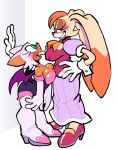 anthro bat big_ears blush boots clothed clothing duo female female/female flirting footwear galactabee grin half-closed_eyes hi_res in_awe lagomorph leporid looking_at_another mammal membrane_(anatomy) membranous_wings narrowed_eyes rabbit rouge_the_bat sega shoes simple_background size_difference smile sonic_the_hedgehog_(series) surprise vanilla_the_rabbit white_boots white_clothing white_footwear wings