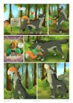 5_fingers almost_fully_inside angry animal_genitalia anthro anthro_prey armorine armorine_(armorine) artist_name balls barefoot bottomwear canid canine canis clothing comic dialogue duo english_text equid equine eyes_closed falling fangs feet feral feral_pred fingers fluffy fluffy_tail forest fox fur genitals green_eyes grey_body grey_fur growling happy head_first head_in_mouth hi_res horse larger_pred looking_at_another male male/male mammal neck_bulge nick_(throwaway2314) nuntis_(nuntis) on_hind_legs oral_vore orange_body orange_fur outside page_number partially_inside plant riding_on_back scared sheath shirt shorts sign six_frame_image size_difference soft_vore tail teeth text topwear tree vore white_body white_fur wolf