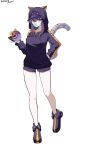  1girl absurdres animal_hood black_hoodie black_shoes blowing_bubble_gum breasts cat_hood chewing_gum collarbone duel_monster em:p_meowmine fake_tail full_body hair_between_eyes hand_on_own_hip hat_under_hood highres hood hood_up hoodie i:p_masquerena jetihyeon medium_breasts official_alternate_costume purple_eyes purple_hair purple_shorts shoes shorts simple_background solo standing tail thighs white_background yu-gi-oh! 