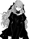  1girl akai_ringo_(eveyuno) black_dress dress hair_ribbon highres long_hair long_sleeves looking_at_viewer neck_ribbon original ribbon wavy_hair white_background wide-eyed 