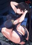  1girl arms_up ass bare_legs barefoot black_dress black_gloves black_hair blue_archive blush breasts bright_pupils butt_crack closed_mouth dress feet full_body gloves hair_ornament hairclip half_gloves halo highres huge_breasts kisaki_(blue_archive) kneeling long_hair looking_at_viewer ponytail red_eyes rio_(blue_archive) soles solo thighs toes white_pupils xiujia_yihuizi 