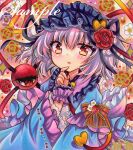 1girl :o adapted_costume blue_robe commentary_request embellished_costume eyeball finger_to_own_chin floral_background flower frilled_hairband frilled_shirt_collar frills hairband hand_up komeiji_satori long_sleeves looking_at_viewer marker_(medium) open_mouth pink_hair red_eyes red_flower red_rose robe rose rui_(sugar3) short_hair solo third_eye touhou traditional_media upper_body wide_sleeves 