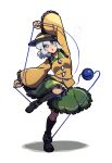  1girl :o black_boots black_hat boots bright_pupils frilled_shirt_collar frills full_body green_skirt grey_eyes grey_hair hat hat_ribbon heart highres iganashi1 komeiji_koishi one-hour_drawing_challenge open_mouth ribbon shirt short_hair simple_background skirt solo standing standing_on_one_leg third_eye touhou white_background white_pupils yellow_ribbon yellow_shirt 