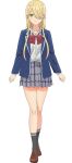  1girl ankle_socks black_socks blazer blonde_hair blue_jacket bow bowtie clenched_hands closed_mouth collared_shirt diagonal-striped_bow diagonal-striped_bowtie diagonal-striped_clothes expressionless full_body green_eyes grey_skirt hair_over_one_eye jacket loafers long_hair long_sidelocks looking_at_viewer miniskirt official_art one_eye_covered open_clothes open_jacket plaid_clothes plaid_skirt pleated_skirt red_bow red_bowtie school_uniform shade shirt shoes sidelocks simple_background skirt socks solo standing striped_clothes swept_bangs tachi-e tachibana_satsuki transparent_background watari-kun_no_xx_ga_houkai_sunzen white_shirt 
