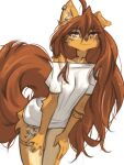 2025 3:4 5_fingers anthro apogee_(tinygaypirate) arm_tattoo biped bottomless bottomless_anthro bottomless_female breasts brown_eyes brown_hair brown_tail canid canine canis clothed clothed_anthro clothed_female clothing countershade_fur countershade_torso countershading digital_media_(artwork) domestic_dog ear_piercing female fingers front_view fur hair hi_res inner_ear_fluff leg_tattoo long_hair long_tail looking_at_viewer mammal neck_tattoo one_ear_up partially_clothed partially_clothed_anthro partially_clothed_female piercing simple_background small_breasts solo standing tail tan_body tan_fur tattoo thigh_tattoo tinygaypirate topwear topwear_only tuft white_background