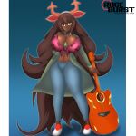 absurd_res accessory acoustic_guitar amber_eyes big_breasts bottomwear breasts brown_body brown_hair cleavage clothed clothing dark_body dark_skin deltarune denim denim_bottomwear denim_clothing dess_holiday fake_ears fake_ears_hairband female footwear guitar hair headband hi_res human jacket jeans lightner long_hair mammal musical_instrument not_furry open_clothing open_jacket open_topwear pants pattern_clothing pattern_topwear plaid plaid_clothing plaid_topwear plucked_string_instrument roseburst_(artist) shoes simple_background sneakers solo string_instrument topwear undertale_(series) wide_hips