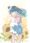  1girl absurdres bikini bikini_skirt blue_bikini blue_hair closed_eyes commentary flower frilled_bikini frills hair_bun highres leaning_forward long_hair love_live! love_live!_sunshine!! open_mouth piyosan1031 single_hair_bun smile solo sunflower swimsuit tsushima_yoshiko white_background 