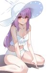  1girl absurdres atsuko_(blue_archive) atsuko_(swimsuit)_(blue_archive) bare_shoulders bikini blue_archive blush breasts cleavage closed_mouth coke0502 collarbone commentary fingernails halo hat highres long_hair looking_at_viewer navel pink_hair red_eyes simple_background smile solo stomach sun_hat swimsuit thighs white_background white_bikini white_halo white_hat 