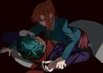  1boy 1girl alternate_eye_color aqua_eyes aqua_hair black_background blanket blazer blue_jacket braid chidouin_sara choker closed_mouth collared_shirt empty_eyes girl_on_top green_necktie hand_on_own_forehead high_ponytail highres hiyori_sou jacket kimi_ga_shine long_hair long_sleeves looking_at_another lying lying_on_person necktie on_back on_stomach open_clothes open_jacket orange_hair parted_bangs pillow pink_skirt pleated_skirt ponytail purple_jacket red_eyes red_scarf scarf school_uniform serious shirt short_hair side_part single_sidelock skirt straight_hair sweatdrop white_shirt yellow_shirt yellowmao0509 