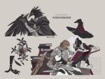  1boy 1girl animal_head armor beak bird_boy bird_wings black_cloak black_skin book book_stack bracer breastplate cloak colored_skin copyright_name cowboy_shot elden_ring elden_ring_nightreign feathered_wings grey_background guardian_(elden_ring) hat holding holding_book kuroihato long_hair pauldrons plate_armor recluse_(elden_ring) shoulder_armor sitting standing twitter_username white_hair wings witch witch_hat yellow_eyes 