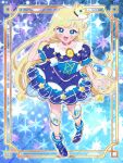  1girl :d arm_at_side artist_name blonde_hair blue_dress blue_eyes blue_shoes border chii_(chi_pppuri) commentary copyright_notice crown dot_nose dress full_body hand_up highres himitsu_no_aipri hoshikawa_mitsuki idol_clothes idolmaster idolmaster_cinderella_girls idolmaster_cinderella_girls_starlight_stage jewelry legs_apart long_hair looking_at_viewer looking_up mini_crown necklace ornate_border outline pearl_necklace pretty_series puffy_short_sleeves puffy_sleeves shoes short_dress short_sleeves smile solo sparkle standing straight_hair symbol-only_commentary twitter_username v watermark white_outline 