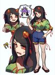  !? 1girl black_hair blue_shorts brown_horns collarbone cone_horns flip-flops green_shirt highres horn_ornament horn_ribbon horns iganashi1 long_hair multiple_views nippaku_zanmu open_mouth red_eyes ribbon sandals shirt short_sleeves shorts simple_background smile touhou white_background yomotsu_hisami 
