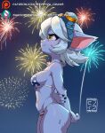 4th_of_july absurd_res american_flag_bikini artist_logo bikini breasts butt clothing eyewear eyewear_on_head female fireworks flag_bikini fur goggles goggles_on_head hair hands_behind_back hi_res holidays league_of_legends logo looking_up navel patreon purple_body purple_fur riot_games sephyra side_boob signature solo star subscribestar swimwear tencent text tristana_(lol) two-piece_swimsuit url white_hair yellow_eyes yordle