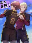  2boys alexis_ness ass back blonde_hair blue_eyes blue_hair blue_lock closed_mouth cloud commentary_request cowboy_shot gradient_hair highres light_smile long_sleeves looking_at_viewer looking_back male_focus michael_kaiser mizuhara_aki multicolored_hair multiple_boys red_eyes red_hair shirt short_hair sky soccer_uniform speech_bubble sportswear translation_request twitter_username two-tone_hair upper_body 