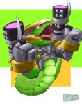 2025 absurd_res anthro armor blaster blaster_pistol chinese_zodiac coiling cybernetic_arm cybernetic_limb digital_drawing_(artwork) digital_media_(artwork) digital_painting_(artwork) fangs freedom_planet galaxytrail geminart hi_res laugh lunar_new_year male painting_(artwork) reptile scales scalie serpentine_(freedom_planet) simple_background snake solo teeth year_of_the_snake
