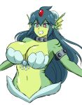 2022 accessory animal_humanoid armlet big_breasts bra breasts cleavage clenched_teeth clothed clothing collar countershade_torso countershading curvy_figure digital_drawing_(artwork) digital_media_(artwork) female fin giga_mermaid green_body green_scales hair hair_accessory hair_jewelry head_fin hi_res hourglass_figure humanoid jewelry long_hair marine marine_humanoid merfolk midriff momijizx navel portrait red_eyes scales seashell_bra shantae_(series) simple_background solo split_form teal_hair teeth three-quarter_portrait underwear wayforward white_background wide_hips