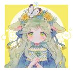  1girl animal_ears blue_flower blue_ribbon blue_shirt blush border bug butterfly butterfly_on_head closed_mouth clover commentary conago eyelashes flower flower_wreath four-leaf_clover green_eyes green_hair hair_ribbon head_wreath holding holding_clover long_hair long_sleeves original ribbon sheep_ears shirt signature tareme upper_body white_border yellow_background yellow_flower 