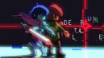  1other aqua_skin armor back-to-back blue_hair breastplate brown_hair brown_pants brown_shoes cape colored_skin deltarune dual_persona expressionless glitch gloves greaves green_sweater highres holding holding_knife holding_sword holding_weapon knife kris_(dark_world)_(deltarune) kris_(deltarune) leg_armor medium_hair pants pauldrons pink_cape pink_scarf pixelated poleyn sabaton scarf shaded_face shoes shoulder_armor single_horizontal_stripe soul_(deltarune) sweater sword uri_(365mimimi) weapon white_gloves 