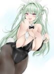  1girl animal_ears antenna_hair bare_shoulders black_leotard blush breasts cleavage detached_collar fake_animal_ears fake_tail goddess_of_victory:_nikke green_hair highleg highleg_leotard highres large_breasts leotard long_hair looking_at_viewer open_mouth pantyhose playboy_bunny purple_eyes rabbit_ears rabbit_tail ryou_(619-619) smile soda_(nikke) solo tail wrist_cuffs 