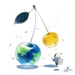  1other artist_name backpack bag blue_jacket cherry commentary crater earth_(planet) fish floating flying_fish food food_focus fruit gloves hands_up helmet highres jacket kazunoko_(kazunoko_zunoco) leaf looking_at_food moon original planet radio_antenna shadow signature simple_background solo space_helmet standing white_background white_gloves 