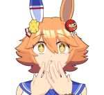  +_+ 1girl animal_ears blue_sailor_collar commentary_request covering_own_mouth daruma_doll doll_hair_ornament ear_covers highres horse_ears horse_girl malivien matikanefukukitaru_(umamusume) orange_eyes orange_hair sailor_collar short_hair simple_background single_ear_cover solo umamusume upper_body white_background 