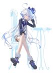  1girl ahoge ascot asymmetrical_gloves black_ascot black_gloves black_sleeves blue_ascot blue_brooch blue_eyes blue_gemstone blue_hair blue_hat cowlick drop-shaped_pupils furina_(genshin_impact) gem genshin_impact gloves hat hereactivate heterochromia highres long_hair long_sleeves looking_at_viewer mismatched_gloves mismatched_pupils multicolored_hair no_jacket open_mouth ouji_fashion smile streaked_hair symbol-shaped_pupils top_hat vest white_hair white_vest 
