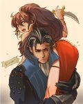  1boy 1girl ass black_gloves black_hair brown_hair carrying carrying_person commentary_request dagger dancer english_text gloves green_eyes hair_between_eyes high_ponytail holding holding_dagger holding_knife holding_weapon knife mature_male octopath_traveler octopath_traveler_i olberic_eisenberg open_mouth ponytail primrose_azelhart regan_(hatsumi) scar scar_on_face standing sweat weapon 