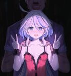  1boy 1girl :d black_wrist_cuffs blush breasts cleavage collarbone double_v drooling furina_(genshin_impact) genshin_impact grey_hair grin hands_on_another&#039;s_shoulders height_difference hetero highres lingerie long_hair red_negligee sidelocks small_breasts smile underwear v very_long_hair wrist_cuffs yiran_kuxiao 