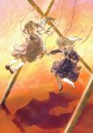  2girls artist_request bang_dream! bang_dream!_it&#039;s_mygo!!!!! black_ribbon black_shoes blue_dress blue_hair chinese_commentary choker collared_dress collared_shirt commentary_request commission dress floating_clothes floating_hair frilled_choker frills green_hair grey_skirt hair_ribbon highres holding_hands long_hair long_sleeves looking_at_another multiple_girls on_swing open_mouth orange_background plaid_clothes plaid_dress ribbon sample_watermark second-party_source shirt shoes skirt socks swing swing_set swinging_on_swing togawa_sakiko two_side_up wakaba_mutsumi watermark white_shirt white_socks 