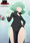  1girl artist_logo artist_name aykoll ball black_dress blue_sky breasts cleavage cloud commentary covered_navel curly_hair dress english_commentary flipped_hair floating floating_object glowing glowing_eyes green_eyes green_hair levitation logo long_sleeves looking_at_viewer navel one-punch_man pear-shaped_figure shiny_skin short_hair side_slit simple_background sky small_breasts smile solo tatsumaki telekinesis thighs umbrella volleyball volleyball_(object) 