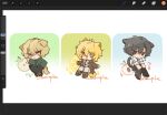  1girl 2boys ahoge animal_ears apple apple_slice art_program_in_frame bags_under_eyes black_boots black_coat black_eyes black_hair black_pants black_shoes blazer blonde_hair boots cat_boy cat_ears cat_girl cat_tail closed_mouth coat collared_coat collared_shirt dog_boy dog_ears dog_tail don_quixote_(project_moon) dot_nose dress_shoes expressionless eyelashes eyes_visible_through_hair floppy_ears food from_side fruit green_jacket hair_between_eyes hands_on_own_knees highres jacket kemonomimi_mode lapels layered_sleeves lemon lemon_slice light_frown limbus_company long_sleeves looking_at_viewer messy_hair multiple_boys notched_lapels open_clothes open_coat open_jacket pants procreate_(medium) procreate_(software) project_moon sad sample_watermark shirt shoes short_hair sinclair_(project_moon) sleeves_past_fingers sleeves_past_wrists suspenders tail teardrop tearing_up tsurime turtleneck turtleneck_shirt water_drop watermark wet white_background white_pants white_shirt xiao_ganju_nailuo yellow_eyes yi_sang_(project_moon) 