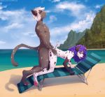  2019 4_toes 5_fingers anthro breasts canid canine canis day detailed_background digital_media_(artwork) digitigrade domestic_cat domestic_dog duo eyes_closed felid feline felis female hair lunalei male male/female mammal outside purple_hair sand sex sky toes water 
