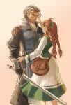 1boy 1girl black_hair braided_twintails brown_bag brown_hair closed_mouth commentary_request holding holding_sword holding_weapon long_hair looking_at_another mature_male octopath_traveler octopath_traveler_i olberic_eisenberg pink_background primrose_azelhart regan_(hatsumi) smile standing sword weapon 