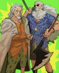  2boys beard clenched_teeth cloak commentary facial_hair glasses green_background hair_slicked_back highres holding holding_weapon hood hooded_cloak ishida_6610 jewelry leg_hair male_focus multiple_boys necklace one_piece orange_shirt pearl_necklace ponytail scar scar_across_eye scar_on_face scopper_gaban shirt shorts silvers_rayleigh sunglasses symbol-only_commentary teeth weapon white_hair 